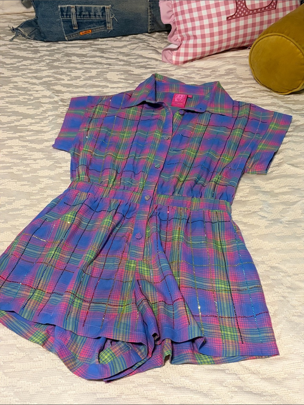 QUEEN OF SPARKLES Purple & Blue Plaid Short Sleeve Romper